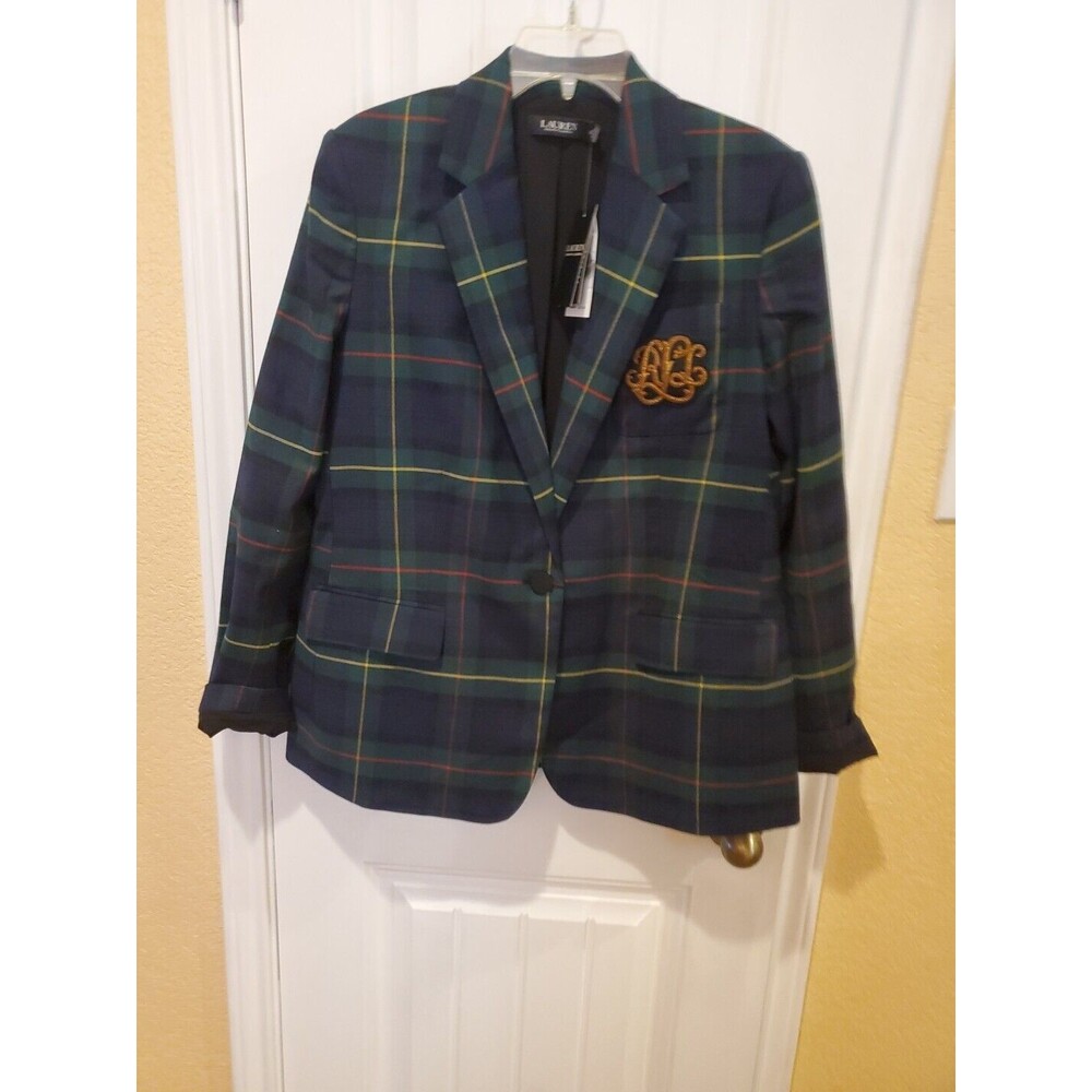 Lauren Ralph Lauren Navy Green Plaid Blazer with Gold Monogram - Picture 6 of 15